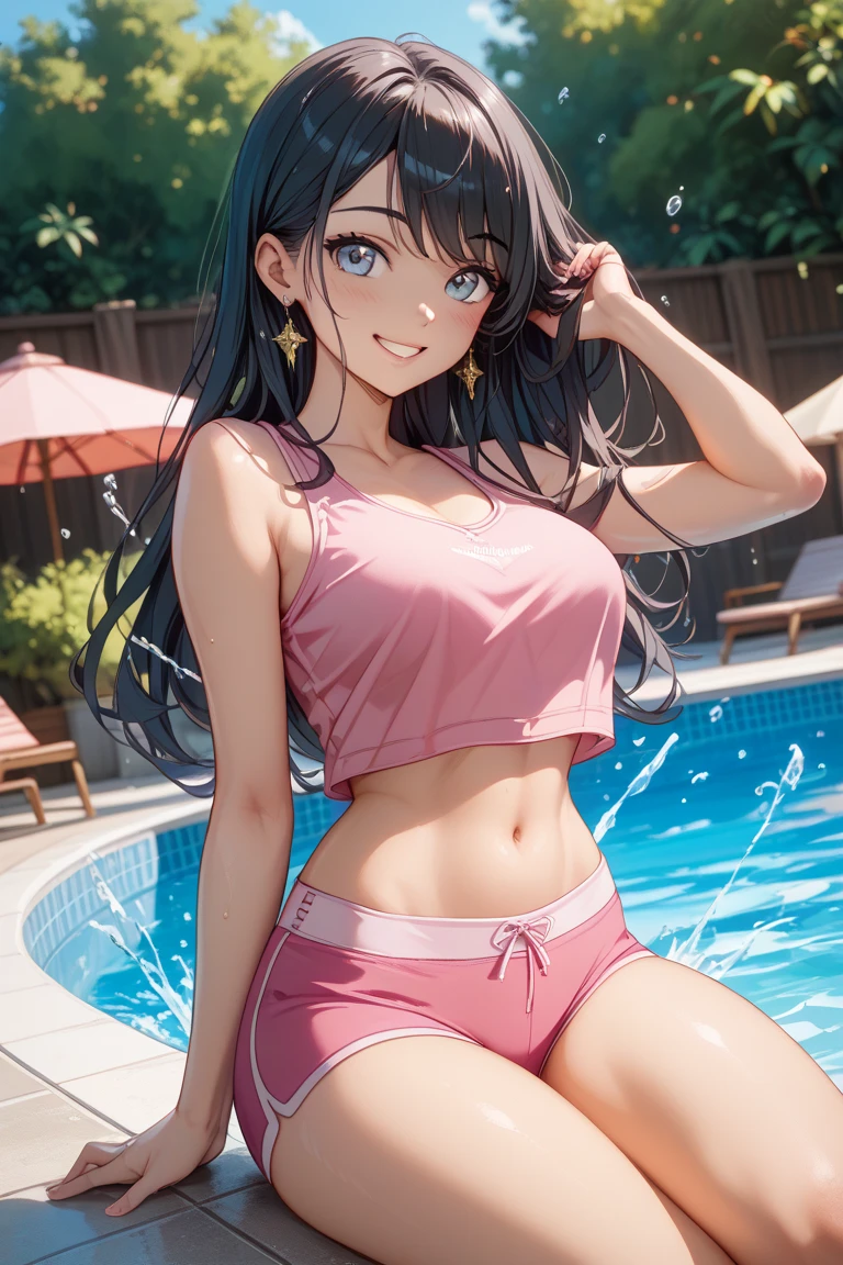 1girll,((There is a five-pointed star in the eye))Gorgeous Hair in Long Purple,Smile,Open mouth,swimmingpool,swimming uniform,swim trunks
