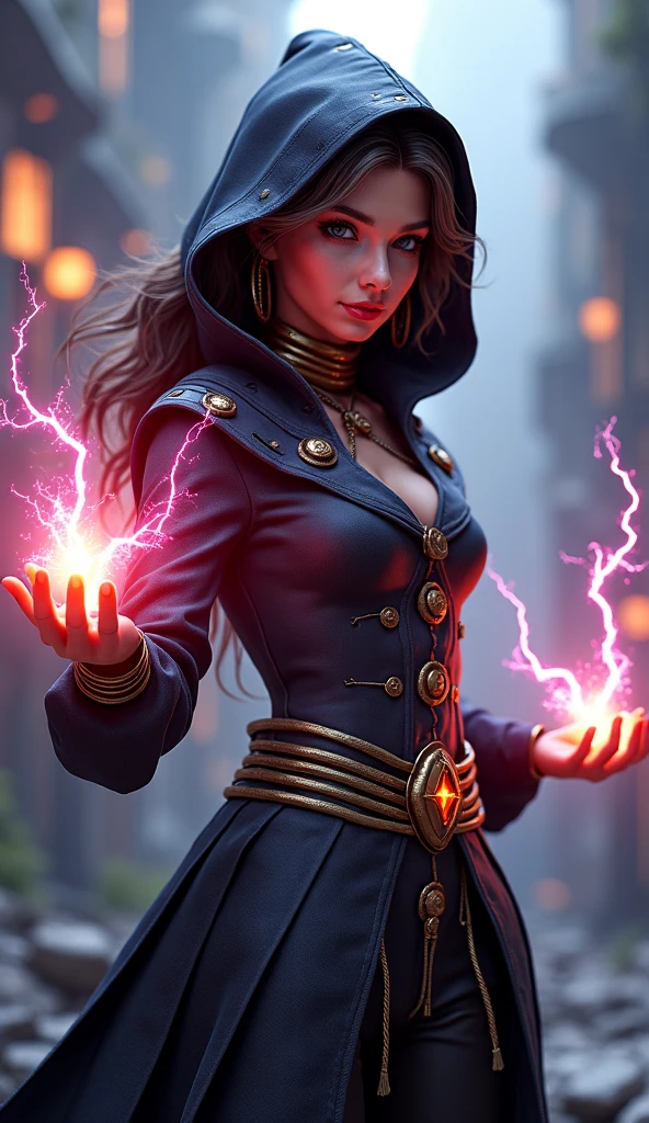 arte de fantasia, arte steampunk, Arte de RPG, fotografia, .RAW, , Melhor Detalhado, Imagem de uma mulher bruxa, Manipulating the Magic Blue Fire, mulher extremamente bonita (Melhor Detalhado, master part, hiper-realista: 1.5) cabelos loiros, cabelos ricos, cabelos ondulados, dynamic eye color, vestindo vestido preto e branco, wearing pantyhose, usando botas de salto alto, lace-up boots, compor, fundo steampunk, ultra melhor realista, melhores detalhes, best quality, 16k, [ultra detalhado], master part, best quality, (extremamente detalhado), tiro ultra largo, fotorrealismo, profundidade de campo, pintura hiper realista, Runas brilhantes_Purple, fogo azul