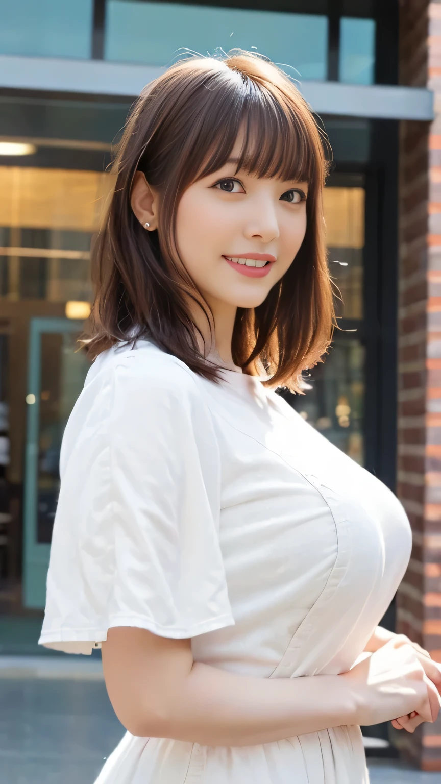 Standing in the park, Wrinkles around the eyes, Smiling with teeth showing, Plain short-sleeved clothing, senior citizen, Draw lips correctly, Red lipstick, No discomfort, 16K, Highest quality, Very detailed, Realistic, Very detailed肌, (Japanese), (alone), 100 years old, Large Breasts, , Glamour, sexy, Chromo White Skin, Staring straight ahead,