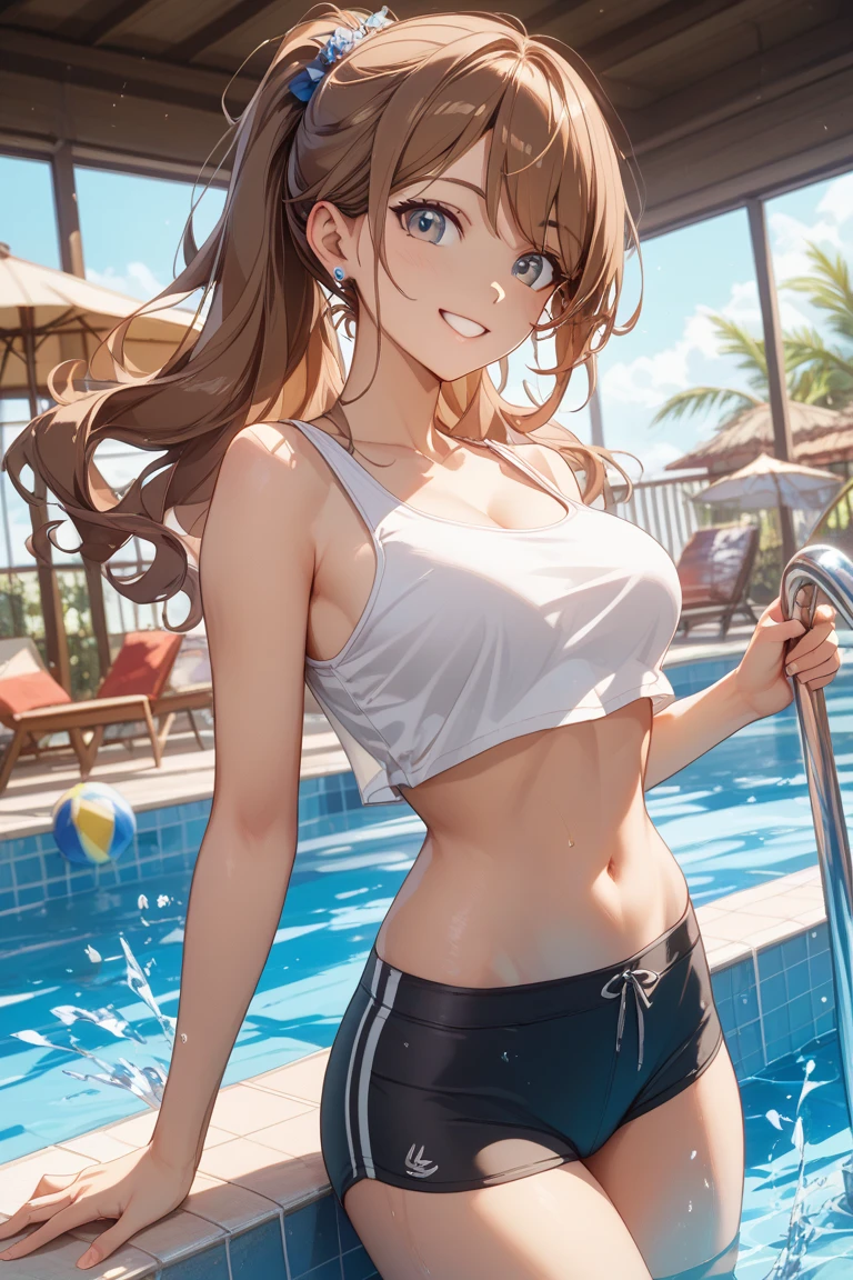 ((Masterpiece)), ((best quality)), (High Definition:1.3), (Professional Photography:1.2), best quality, 8K, Textured skin, cinematic lighting, 1girl, wide-shot, (White front-knotted shirt:1.3), cleavage, exposed neck, (open-necked shirt), (Cute innocent teenage girl), slendar body, small breast, glossy medium hair, (short braided hair), (Wearing tutu skirt), evil smile, beautiful collarbones, (exposed stomach), cat ears, pale brown hair, innocent posing, (naughty smile), Beautiful and clear waterside, Hair that flutters in the wind