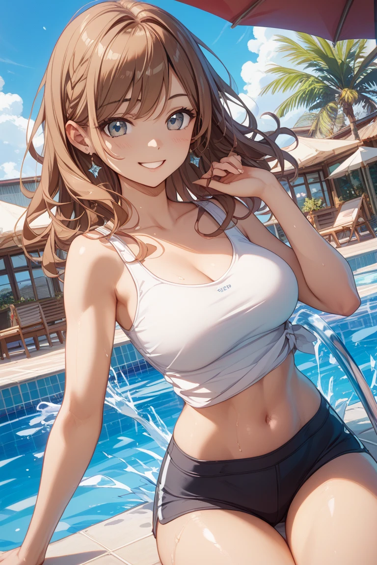 (1girl:1.3, solo), (Masterpiece, best quality, photorealistic, highres, photography, :1.3), ultra-detailed, sharp focus, professional photo, commercial photo, (upper body:1.3), (standing in water:1.3, at blue ocean), (((starring at the viewer:1.5))), (crossed arms:1.3, leaning forward:0.95), BREAK, 1girl, solo, milf, European girl, hot model, (attractive model:1.37), (promotional model:1.2), highly detailed eyes and pupils, realistic skin, (attractive body, large breast:1.25, thin waist:1.15), thin hair, single braid hair, shiny-black hair, extremely detailed hair, delicate sexy face, sensual gaze, shiny lips, BREAK, (orange bikini:1.3), (shorts:1.3), detailed clothes, BREAK, (outdoor, hot bath tub background, in bath tub, blurry background:1.25, simple background, no-human background, detailed background), (under sunset:1.37), BREAK, (attractive posing), ((realistic, super realistic, realism, realistic detail)), perfect anatomy, perfect proportion, bokeh, depth of field, hyper sharp image, (attractive emotion, seductive smile:1.2, happy:1.2, blush:1.2, :d:1.2, :p:1.2), 4fingers and thumb, perfect human hands, wind,