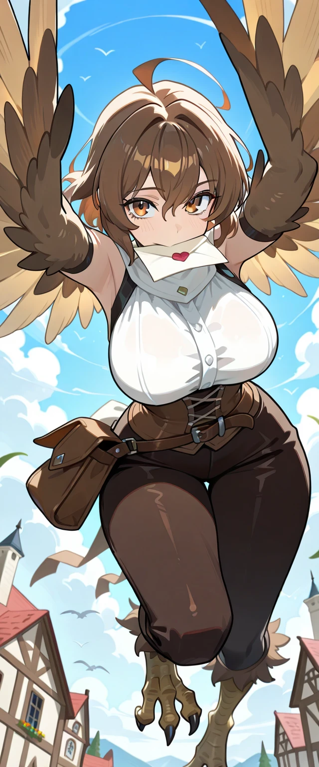 antro (brown owl), winged arms, feminine, huge breasts, beak, round glasses, flowery short dress, neckline, wide hips, huge thighs, huge ass, rear view, leaning on the wall, background library, top, bottom, embarrassed smile