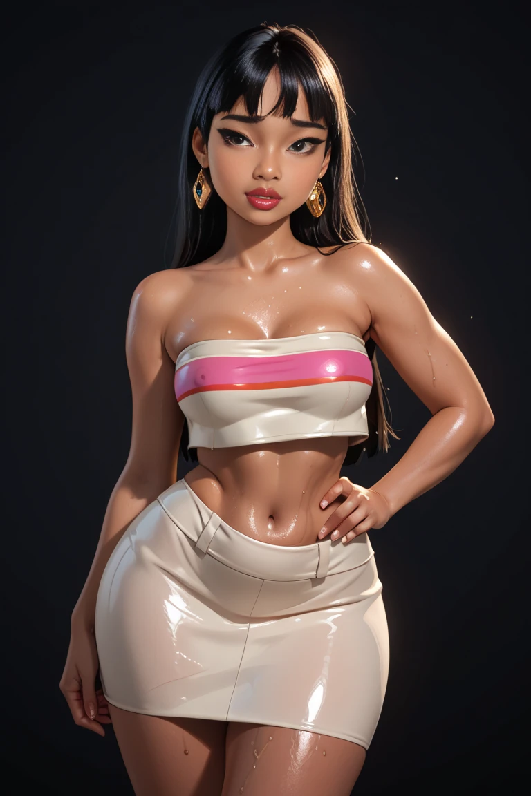 brown hair, ponytail, straight hair,  brown eyes, tanned skin, black background, high quality photography, naked breasts, tight latex pants, neck chocker, perfect wet medium breasts, seductive pose, pigtails, mouth open 