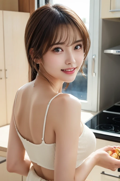 Product quality, One girl, Full Body Shot, Front view, Young and pretty girl in Japan, Shoulder-length hair, She was wearing only a light yellow silk satin apron with white frills around her naked body.、With a big smile, Cooking in a luxurious kitchen, Attractive person, Wet Hair, Wet body, Big Breasts, Super cute face, Glossy Lips, Double eyelids on both eyes, Natural Makeup, Long eyelashes, Shiny and smooth light brown hair, Asymmetrical bangs, Fair skin, Center image, High resolution, Attention to detail, Detailed hairstyle, Detailed face, Cinema Lighting, Octane Rendering, Vibrant, Ultra-realistic, Perfect limbs, Perfect Anatomy