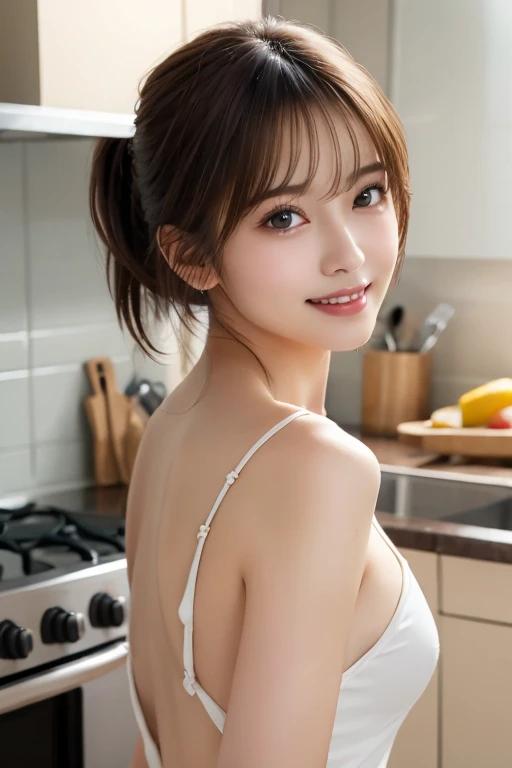 (masterpiece:1.3), high resolution, ultra detailed, extremely detailed CG unity 8k wallpaper, realistic, photo-realistic, RAW photo, beautiful detailed face, pale skin, realistic glistening skin, detailed cloth texture, detailed hair texture, Perfect body, Beautiful Face, accurate, Anatomically correct, Highly detailed face and skin texture, natural neck length, (beautiful hands), (fair skin:1.1), (well-aligned teeth:1.1), (Sweaty skin:1.2),
BREAK,
Detailed eyes, symmetric eyes, Light Brown eyes, Double eyelids, Thin eyebrows, (Glossy lips:1.4), ((A face with waiting for a kiss:1.2)), (blush:1.1), (A sparkling small hair accessory:1.1), (beautiful smile:1.1),
BREAK,
(A classy and Cute mature wife:1.5), (nude, nsfw, very erotic nipple:1.4),
BREAK,
medium large breasts, slender figure, firm abs,
((half updo, black hair, bangs:1.2)), (cowboy shot:1.2), (looking at viewer), cowboy shot, From above,
BREAK,
(cooking ay kitchen:1.3),