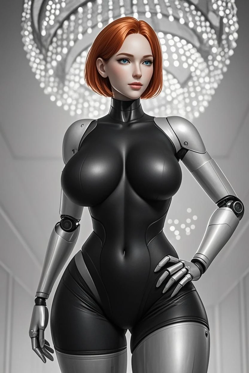 Gorgeous Grown-up girl, short RED hair, blue eyes, large breasts, red lipstick, smirk, Grey Plug Suit, Cyborg, Masterpiece, hiquality, 16k, HD, (((amazing detail)))