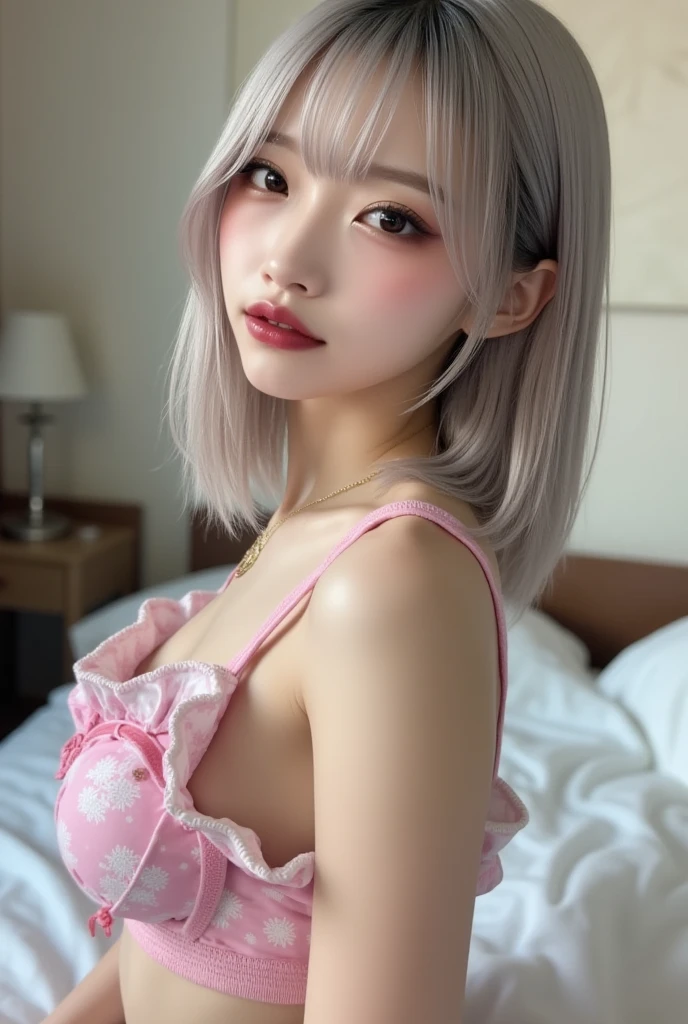 ((topless:1.5)), (white hair:1.5) ,18 years old , cute face ,cleavage between breasts,large breasts,cute face, ponytail ,wave hair,darkcyan eyes, masterpiece, extremely fine and beautiful,gravure,wet body,wet hair,embarrassed,upturned eyes,nsfw,Hourglass figure,nsfw, bedroom, (lie in bed:1.5)