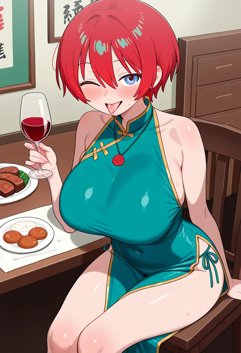 masterpiece, best quality, ultra high res, ultra-detailed, outdoor pool, afternoon, inside a chinese restaurant, 1 young school girl, slut, (orange hair: 1.3), (green eyes: 1.3), (double bun wiith short hair and bangs hairstyle: 1.4), (full lips: 1.3), (peach lipstick: 1.4), (orange eyeliner: 1.4), (hairy pubic hair: 1.3), (medium tits: 1.6), (silvered color Short Chinese dress with slit and with a black dragon motif: 1.5), (black pantyhose: 1.4), (silver stiletto heel shoes: 1.4), (Hard and erected Nipples: 1.4), (she is standing with a tray in her hand while she is squirting lot of vaginal juices from her exposed pussy and looks towards the viewer with the air of a very lustful slut while smiling in a suggestive and sensual way: 1.6)