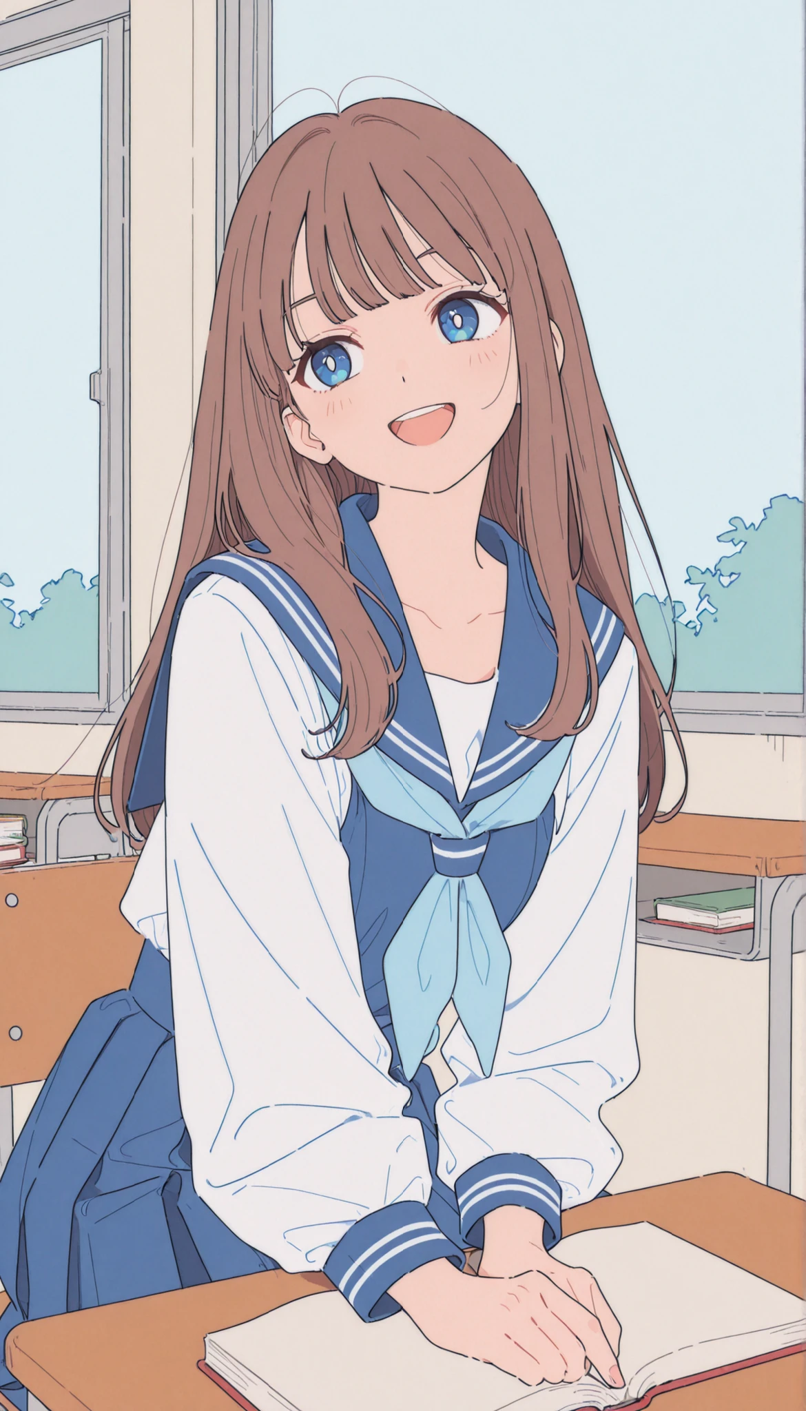 masterpiece,最High Quality,High Quality,very sophisticated,Absard Dress, Newest, anime coloring, 2D, anime style,
1 girl, long hair, viewers, , smile, :d, sitting, open your mouth, happy, indoor, books, window, , Machine, classroom, school Machine, on , school , solo, brown hair, blue eyes, bangs, sailor suit, sailor color, レッドネッカチーフ 2booksのみ, white shirt, Open Clothes, long sleeve, flat line , flat vector illustration, flat color,