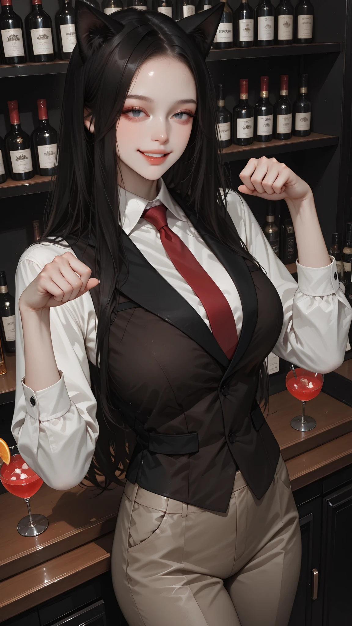 very aesthetic, 걸작, 고해상도, 8k 해상도, high contrast, (semi-realistic), newest, koreanai, best_quality, finely_detailed_eyes_and_detailed_face, (1 cat_girl), black_cat, beautiful, pretty, cat_ears, cat_tali, solo, long_hair, straight_hair, (no bangs, forehead exposed),(humongous_breasts, huge_breasts, skinny, tall_height), blue_eyes, monolids, brown_waistcoat, white_shirt, brown_trouser, red_necktie, paw_pose,genuine smile, smiling eyes, open_mouth, black_hair, looking_at_viewer, dynamic_angle, standing, bar background, cocktails, behind the counter