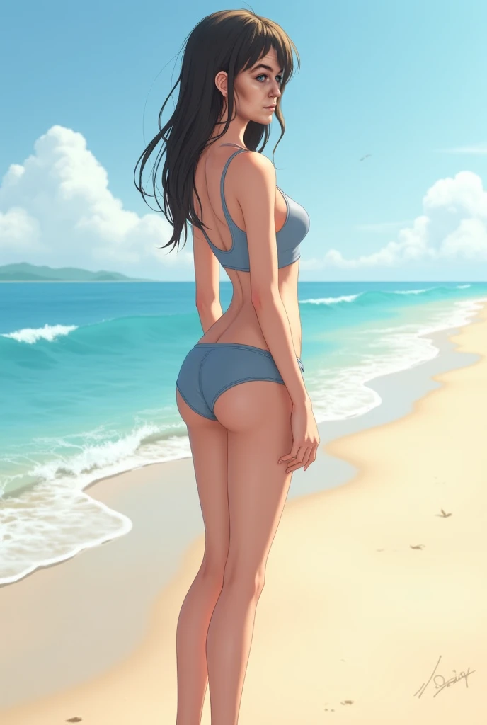 a woman standing on top of a beach next to the ocean, anime thai girl, streaming on twitch, gogo : :, full body profile camera shot, reluvy5213, fountain of youth, with very thin lips, beautiful scenery, deepfake, app, android body, thailand, full body camera shot, spa