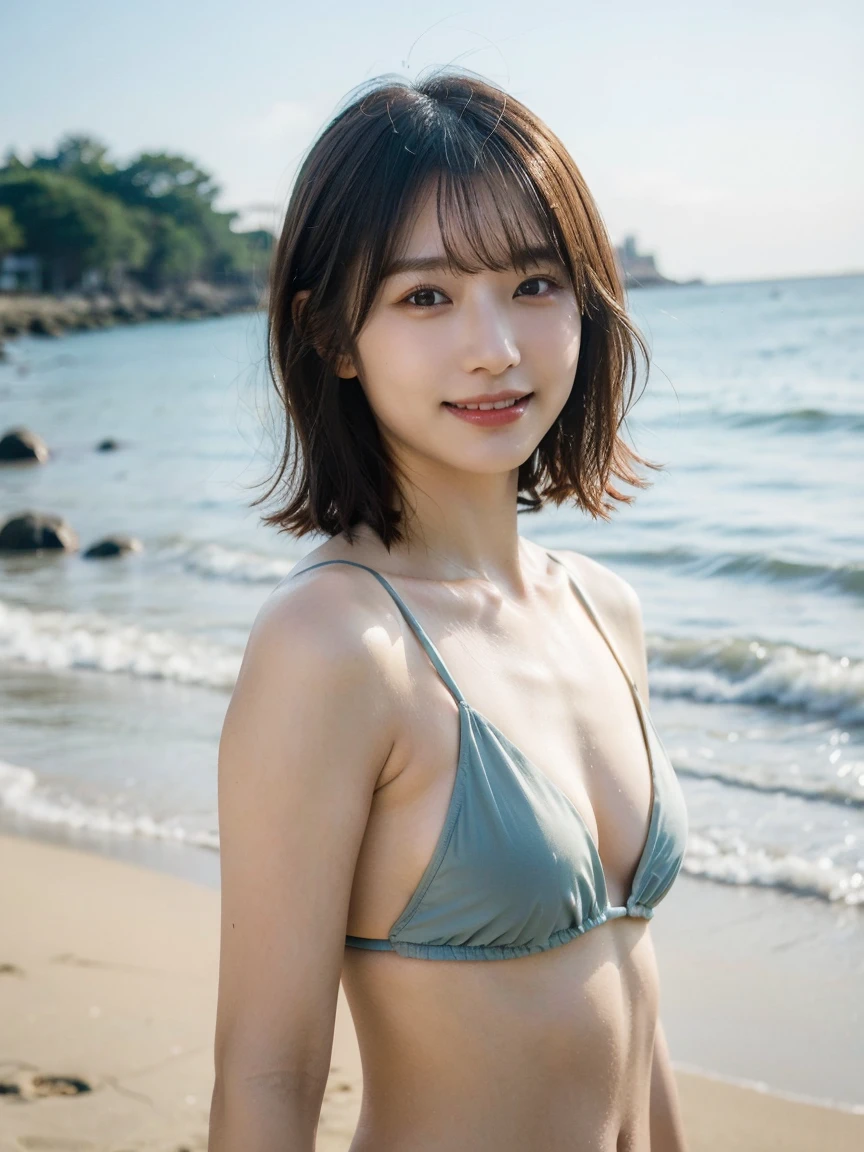 ((top-quality、Top image quality、超A high resolution))、full body Esbian、Beautiful girl walking on the beach、blue open sky、18year old、独奏、((small tits:1.5))、flat breast、small tit、a small face、with round face、low angles、Luxury、childlike、kindly smile 、Cute little girl s、beautiful blond hair、short-cut、Walking、White teeth、Ultra-detailed and beautiful skin、Realistic and beautiful skin、Sandy beach in the background、maikurobikini、Super detailed and beautiful face、Young models