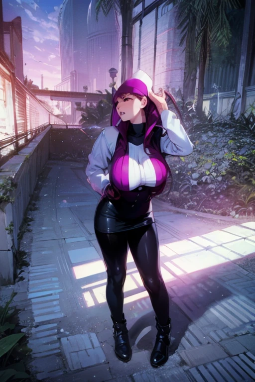 Masterpiece, stunning realistic, best quality, sharpness, 1 girl ,jessie pokemon, solo, team rocket, gloves, hair slicked back, long hair, jewelry, skirt, navel, thighhighs, earrings, elbow gloves, team rocket uniform, crop top, blue eyes, midriff, white background, belt, black gloves, very long hair, simple background, smile, black thighhighs, purple hair, looking at viewer, breasts, white skirt, miniskirt,large breasts,standing in a city,arms behind head ,nipple slip,