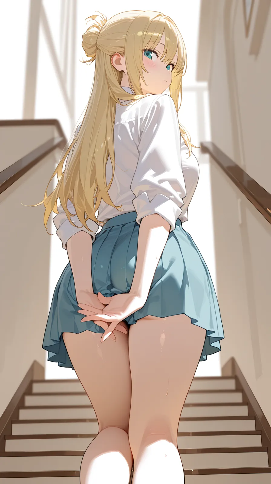 (masterpiece:1.2, Highest quality), Beautiful illustrations, (Natural Side Lighting, Cinema Lighting),
(((((From behind, Low - Angle))))), Recall, 1 girl, Japanese, high school girl, Perfect Face, Cute and symmetrical face, Glowing Skin,
(Long Hair:1.8, Straight hair:1.7, Blonde), Asymmetrical bangs, Purple eyes, (Large Breasts:1.1, Thick thighs),
Beautiful Hair, Beautiful Face, Beautiful attention to detail, Beautiful clavicle, Beautiful body, Beautiful breasts, Beautiful thighs, Beautiful feet,
((Light blue collared shirt, Navy pleated mini skirt, socks, Navy tie, Light brown cardigan, White knee socks)), Pink Panties,
(Beautiful views), evening, City stairs, walk, Leaning forward, Vibrator in knee socks, Climbing the stairs,
((Embarrassing, Scared, Open your mouth)), Looking up from the bottom of the stairs, looked back, The wind blew up her skirt, exposing her buttocks.,
