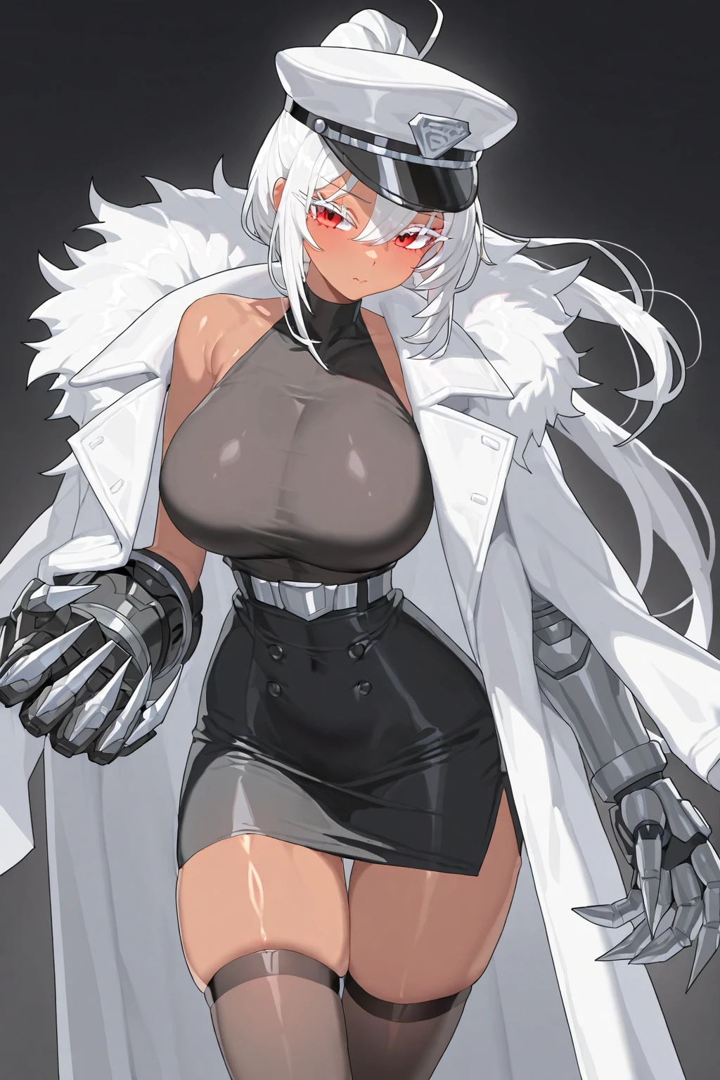 Adult woman, short white hair, cat ears, violet eyes, White superhero uniform, Sleeveless, open belly, t shirt, breeches, claws, anger, Masterpiece, hiquality