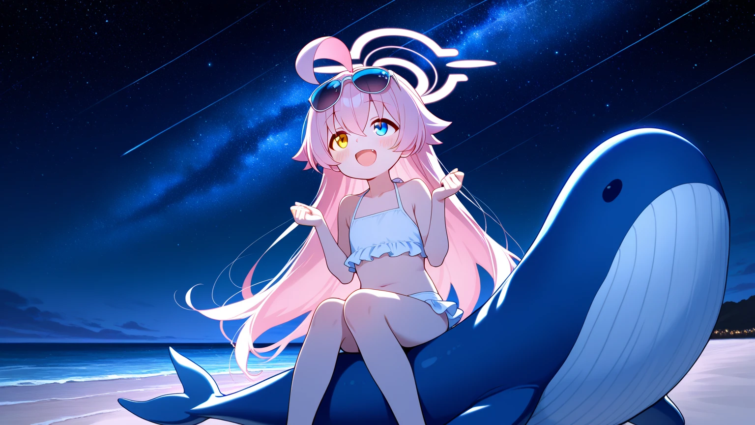 ((best quality)), ((highly detailed)), absurdres, (detailed eyes, deep eyes), (1girl), from above, cowboy shot, very wide shot, <lora:hairdetailer:.9>, <lora:DazziPalworld_V1:1>, Dazzi, ((white hair)), ponytail, (hair over eyes), (covered eyes), colored skin, ((purple skin)), split form, ((white cloud)), ((legless)), single horn, (oni), horns, medium breasts, grin, (tube top, purple tube top), (outdoors, at a lake, partially submerged, midnight, night sky, stars, broken moon, shooting star, cloudy)
