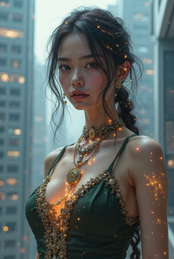 Beautiful, flawless, short, Vietnamese girl with ivory, glowing skin, figure, flat chest, and stomach, wearing plunge neckline sheer jade green robes, long black hair, purple eyes, and standing in an ancient street at night with the stars shimmering overhead
