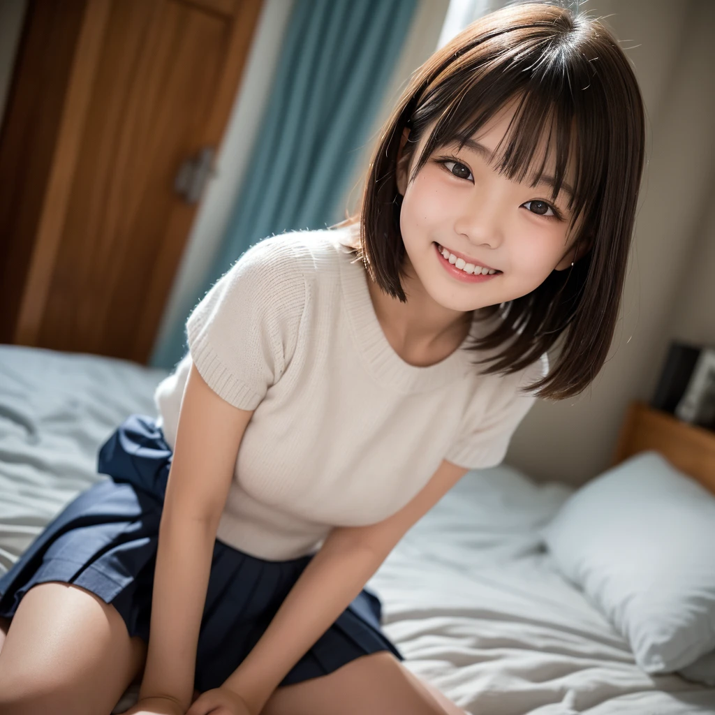top-quality、Face Focus、softlight、(depth of fields)、超A high resolution、(Photorealsitic:1.4)、Raw photography、(portlate:1.4)、(from the front side) 1 Japan Girls、独奏、cute little、(full of shyness、A smile: 1.1)、(Brown-eyed)、detailed beautiful faces、(Short_hair)、Bedrooms、sleep、(formal clothes:1.2)