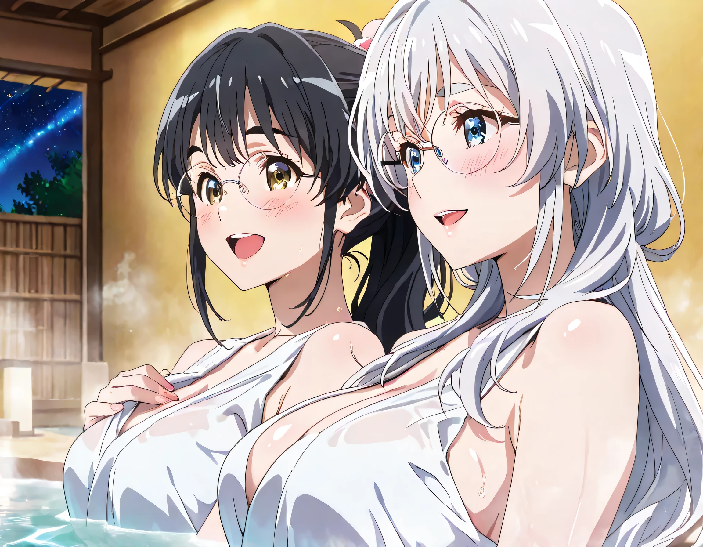 ((ultra-detailed)), (highly detailed CG illustration), (best quality:1.2), ultra-highly detailed, colorful composition, artistic photoshoot, 2 girls, duo focus, Yuri:1.3, upper body, moe anime character, round face, rounded chin:1.2, short stature, blue eyes:1.3, sagging eyes:1.3, silver hair:1.3, long hair, ponytail, ample breast, soak in the hot spring, side by side, shoulder-to-shoulder:1.4, take off clothes, smile:1.4, happy:1.3, joyful:1.3, open mouth, blush:1.3, BREAK
(girl A is Sena:1.2), girl, thick eyebrows, half updo, sagging eyes, long hair, black hair:1.3, brown eyes, (wearing glasses:1.3), (round eyewear:1.3), black hair color:1.3, long hair, take off clothes, BREAK
(girl B is Marika:1.2), girl, blue eyes, sagging eyes, not wearing glasses, silver hair color, long hair, ponytail, take off clothes, BREAK
Beautiful blue starry sky, milky way, night, hot spring steam, from side, best quality, masterpiece, expecting, pink cheek, blush, light pink gloss slip, portrait, depth of field, poured sunlight, sidelighting, shine, lighting, caustics, ray tracing, perfect face, lustrous skin, highly detailed face, highly detailed eyes, perfect face, perfect nose, perfect hair, perfect eyes, perfect anatomy, beautiful hair, beautiful small face, extremely detailed face, beautiful detailed eyes, beautiful clavicle, beautiful body, beautiful ample breasts, leavage, breasts squeezed together, equalize the size of the left and right breasts, beautiful fingers, 4 fingers, 1 thumb, lovely, (very detailed background:1.0), (highly detailed background:1.0), intricate details, spring aesthetic, fun atmosphere in a tourist spot, spring color palette, chromatic aberration