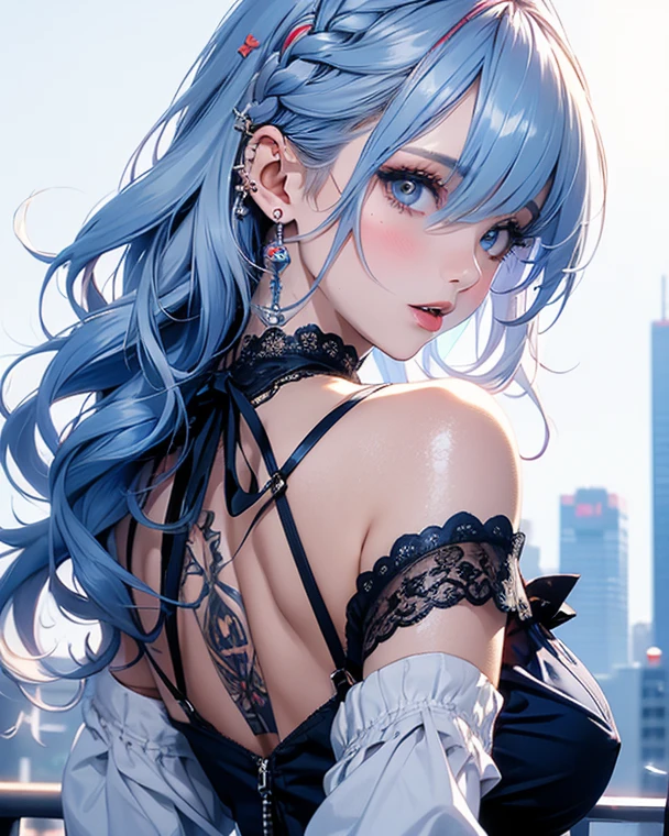 Character Details:, - Gender: 1 Girl.
- Style: Anime, - Body Type: Attractive body, slim body, nice legs, slim tights, nice arms, nice shoulders. - Breast: (Small Breast:1.2), Cleavage, (Nipple).
- Facial Feature: Beautiful, Gorgeous, Young.
- Expression: Shy, (Horny:1.4), Pink Blush on Face, Sexy Eyes, Sexy Look, (Sweating:1.4), Innocent Look, Tipsy. - Hairstyle: Blunt Bangs, Long Hair, Light Blue Hair
- Clothing: (Sweater:1.5), (off-shoulder:1.6), (Stocking:1.4). - Body Pose: (dynamic pose), (nice butt:1.2). - Behaviour: Waiting, Want Something, Secretly.
- Accessories: Earrings., Environmental Details:, - Setting: Bed Room, - Lighting: Natural Light, - Decoration: Modern Bed, Chair, Window, White Curtain, City View. Top view. pov, anime style, UHD, retina, masterpiece, accurate, anatomically correct, textured.