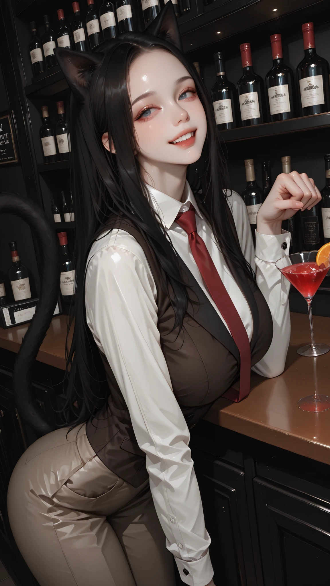 very aesthetic, 걸작, 고해상도, 8k 해상도, high contrast, (semi-realistic), newest, koreanai, best_quality, finely_detailed_eyes_and_detailed_face, (1 cat_girl), black_cat, beautiful, pretty, cat_ears, cat_tail, solo, long_hair, straight_hair, (no bangs, forehead exposed),(humongous_breasts, huge_breasts, skinny, tall_height), blue_eyes, monolids, brown_waistcoat, white_shirt, brown_trouser, red_necktie, paw_pose,genuine smile, smiling eyes, open_mouth, black_hair, looking_at_viewer, dynamic_angle, standing, bar background, cocktails, behind the counter, bent_over