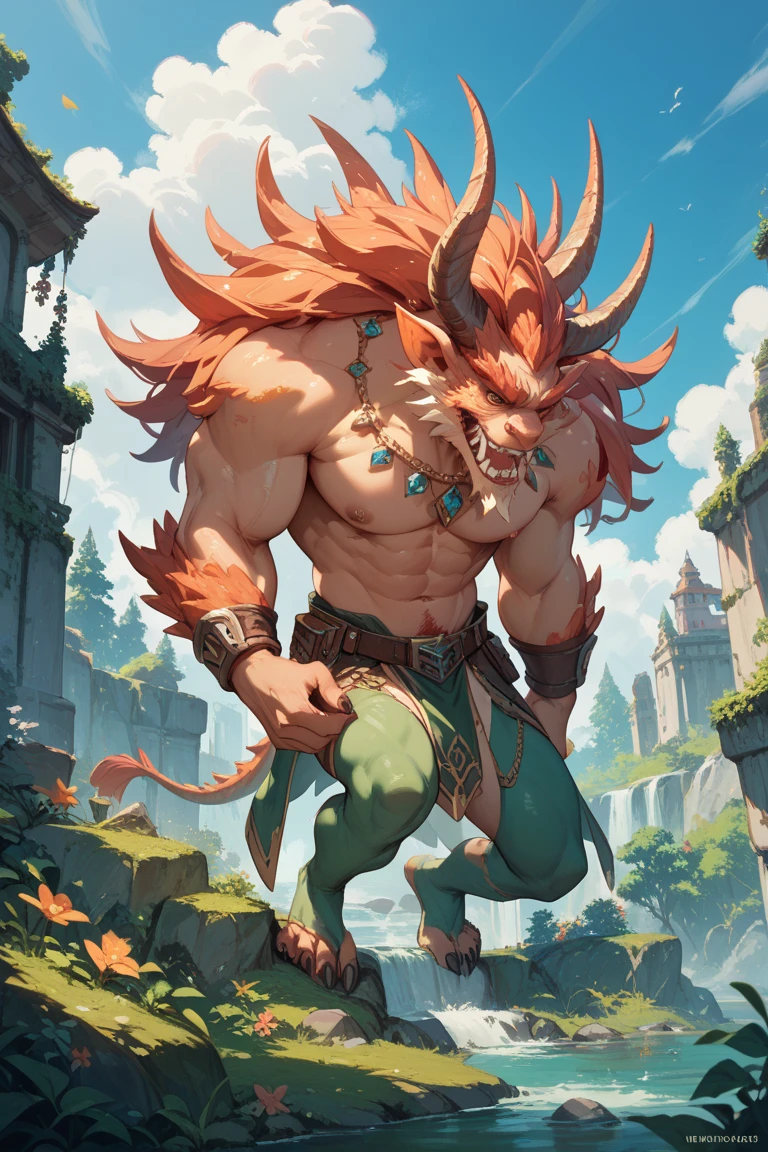 ultra-detailed, masterpiece, masterwork, high quality, best quality, hdr, (nature), nsfw, male, solo, chibi, dragon, ((nude, bulge loincloth, white loincloth)), (little red body minotaur), (white body), (long golden hair, yellow eyes, cool eyes), standing, cross your arms, dynamic angle, earrings, sweat