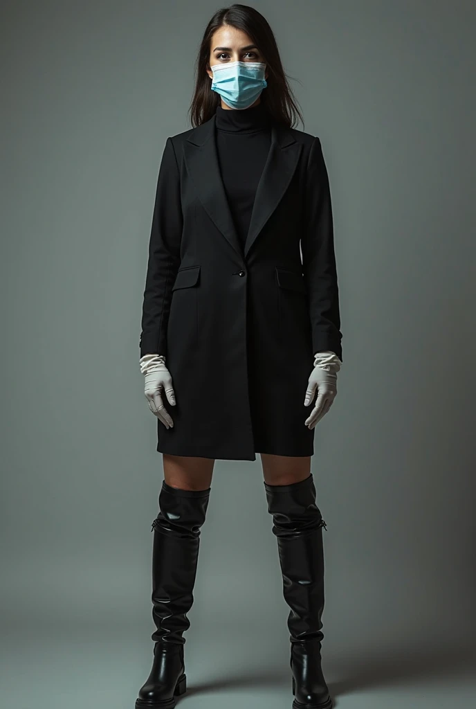 Photorealistic portrait of a model evoking the elegance of Yaroslava Radchenko, standing in Nakskov, her gaze captivating, highlight on eyes, striking red lipstick complementing her black pantyhose and coordinating with long black gloves, volumetric lighting accentuating her features, ultra fine detail in makeup textures, golden ratio composition, UHD drawing.Full figure showing her elegant long legs and feet in louboutin pumps in a  sexy pose.