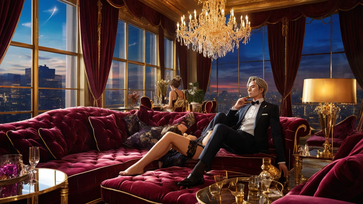 Capturez le glamour des loucos de l&#39;année 20 inspirés par eux &#39;Ô Grande Gatsby&#39;,&#39; avec une femme malaia dans une robe style melindroso, orné de perles et de plumes, situé dans un manoir luxueux