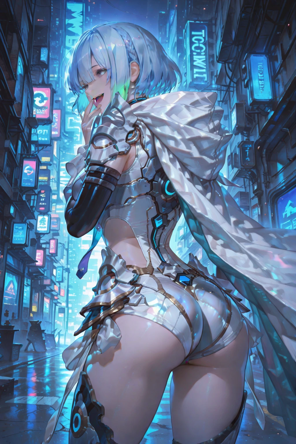 jingliu_\(honkai_starrail\), hiten kei style, claude monet, oil painting, masterpiece, hyper realistic, realistic skin, best quality, 1girl, futuristic chinese city, large breasts, huge nipples, erect nipples, topless, full body, vector illustration, nipples, light smile, open mouth, bangs, long hair, stomach, navel, bare shoulders, white hair, raining, black latex mini skirt, fishnet stockings, sky, bored, spaceships, walking, wet body, pouring rain, white flowers, moon