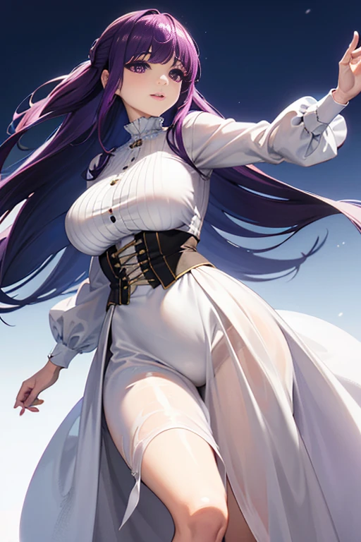 (masterpiece:1.37), best quality, (extremely detailed:1.37) woman, (adult:1.5), (very long hair:1.5), dark purple hair, purple eyes, (extremely detailed eyes:1.37), breasts, (very long dress:1.5), (very tight dress:2.0), white dress, (wetting herself:2.0), standing straight, full body day, daytime, glow, facing viewer, perfect composition, full body, city, street
