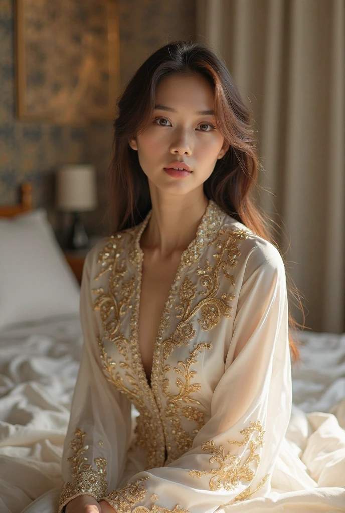 An elegant mature young woman standing nude。Full body front view、Asian、Her skin is relatively white、Luxury Clothing、Silk-like transparent lace on her clothes、Golden wire trim、Jewelry decoration、A pearl necklace hangs around her neck。Showing female genitalia。I don&#39;t wear underwear