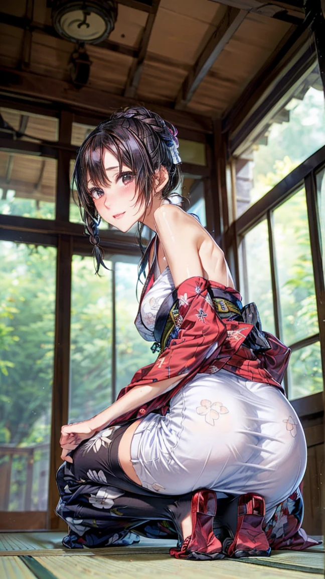 girl with、Delicate body、Slender body、Opening legs、open one's legs、(thighs thighs thighs thighs:1.5)、embarrassed from、Sweating、komono、Small panties、traditional Japanese room、