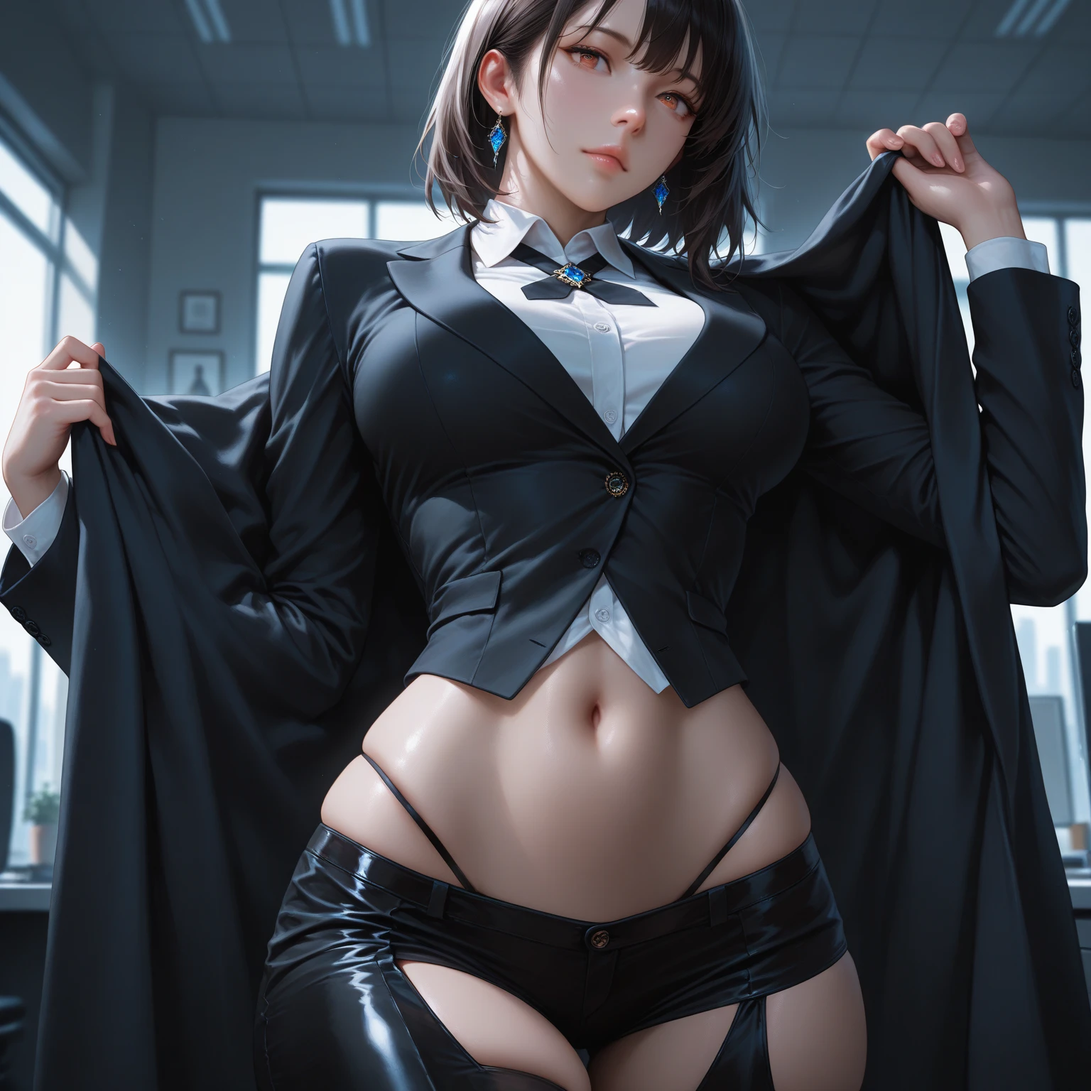 (Cinematic Digital Artwork: 1.3), High quality, masutepiece, of the highest quality, Super Detail, Illustration, [4K Digital Art]、 lndswgnr, (Sharp Focus: 1.5), (Moody lighting:1.2), depth of fields, Bokeh, 4K 、High resolution, ultra-detailliert, the Extremely Detailed CG Unity 8K Wallpapers, Realistic, Photorealsitic, Raw photo, beautifull detailed face, pale skin, realistic glistening skin, Detailed Cloth Texture, detailed hair texture, Perfect body, Beautiful face, acurate, Anatomically correct, Highly detailed face, Eye and skin texture, Natural neck length, (Beautiful eyes), (Beautiful hands), (Glossy skin:1.2), thin legs, Thin feet, Detailed people、A detailed face、细致背景、 


Dramatic makeup、makeup、Pinky Pink Lip Stick、eye make up、mascara、eye liner、eye shadow、Light purple color contact mine makeup、Menhera、yandere、Darkness Fall、Menhera Girl、Landmine girl、Yandere Girl、



Bewitching、Fascinating、evil bitch,Angle from below、Dressed in a white coat、White mask、, oppai, with a big chest, Teasing smile, Big breasts!!, Big breasts!, (SFW) safe for work, touching her clothes, cleavage, Sweater with vertical ribbed fabric、sight sling mini skirt、with large breasts, Chest covered、SFW, biomechanical oppai, Open V chest clothes, (doctor), Ecchi, Chic、Beautiful legs、Glossy stockings、