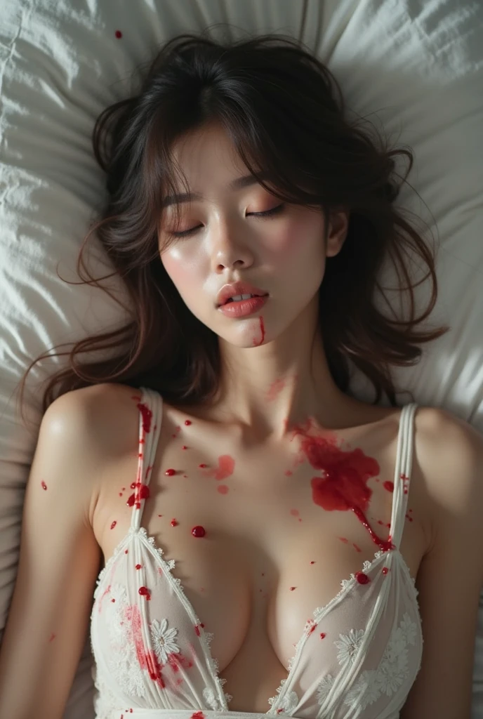 Best image quality, Excellent details, Ultra-high resolution, (realism: 1.2), ((Cowboy Shot:1.2)), Best illustrations, Favorite Details, A young Korean Idols woman and very condensed woman, 17 years old, Beautiful and delicate facial features, Perfect Proportions, ((From up)),((((Lie on your back on the ground, Close ~ eyes,defeat with blood)))),Perfect small Breasts, Chubby:0.4, ((A swollen belly like perfect body woman)),((I like spring suits, white and red mech)), The background is a military base, (wet shot:0.4).