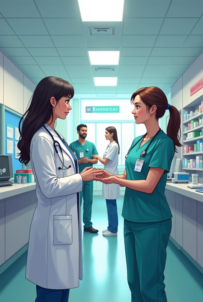 Eye-catching and beautiful images in anime about Occupational Medicine and Industrial Health ,Medical professionals attending to male and female workers 