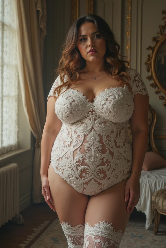 Feminine girl, dark brown hair, white skin, curvy model (hips, buttocks), perfect anatomy (perfect hands and face), photo studio (lace clothes), professional photography, sitting, gray background, makeup, lights, focus close up, curvy model, real, skin texture, canon camera focus, RAW photo