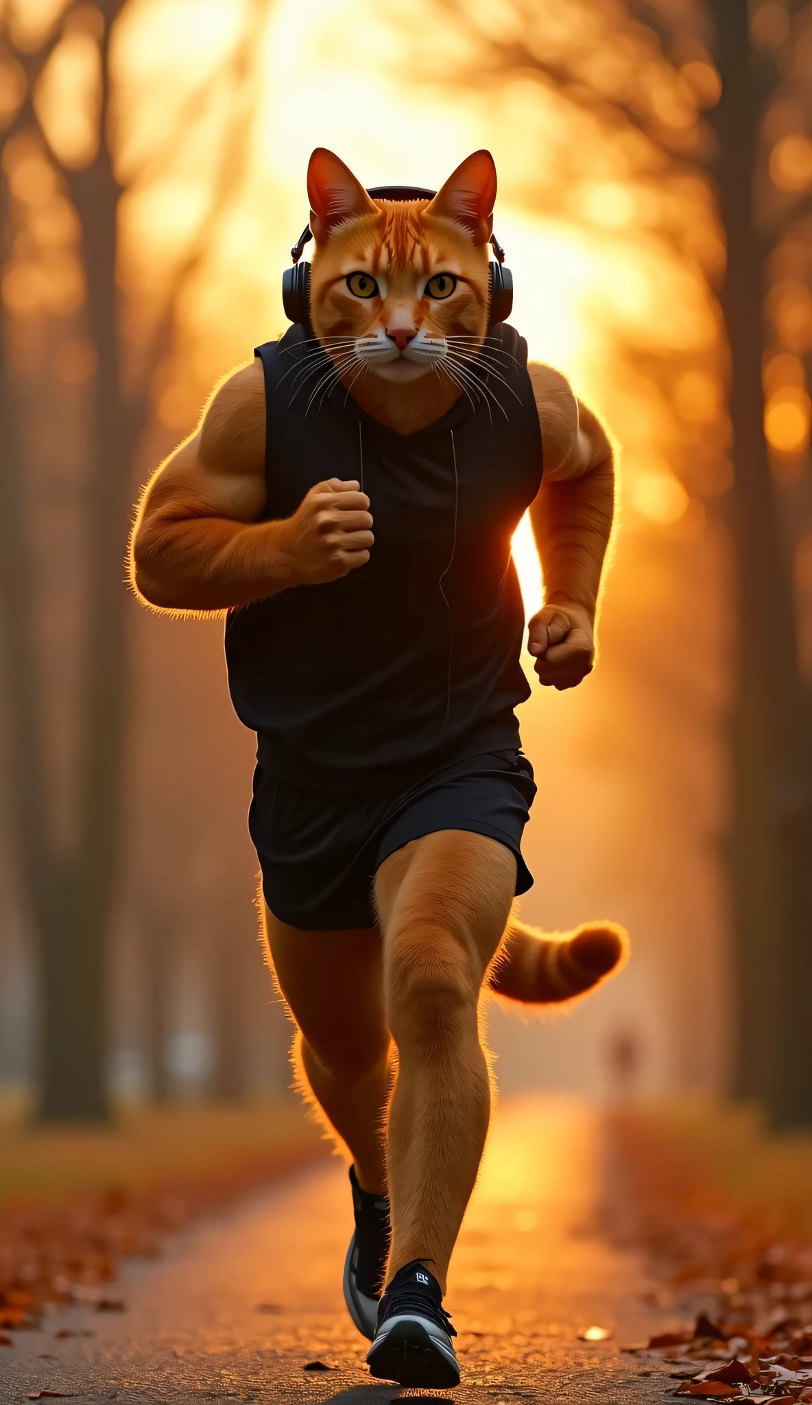 Believe me, an anthropomorphic cat in shorts, running at the Olympic Games, spectators around, 8k, high resolution, the cat well detailed, cinematic, well-groomed hair, ultra-realistic.