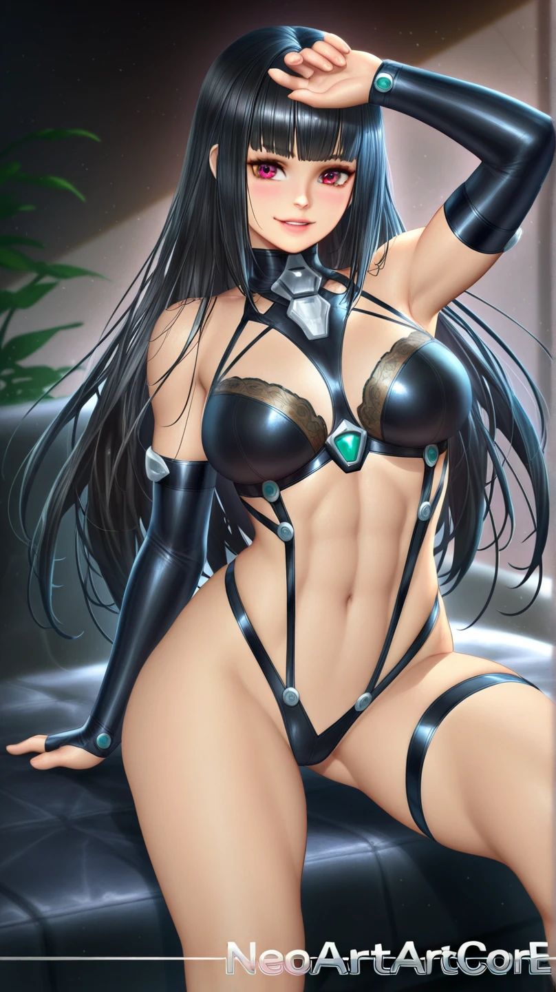 masterpiece, best quality, 1girl, breasts, solo, fuuma tokiko, black hair, long hair, ponytail, black leotard, black thighhighs, garter straps, black elbow gloves, green gemstone, jewelry, highleg leotard, thigh boots, smile, (abs:1.6), toned, looking at viewer, (muscular:1.4), navel soup