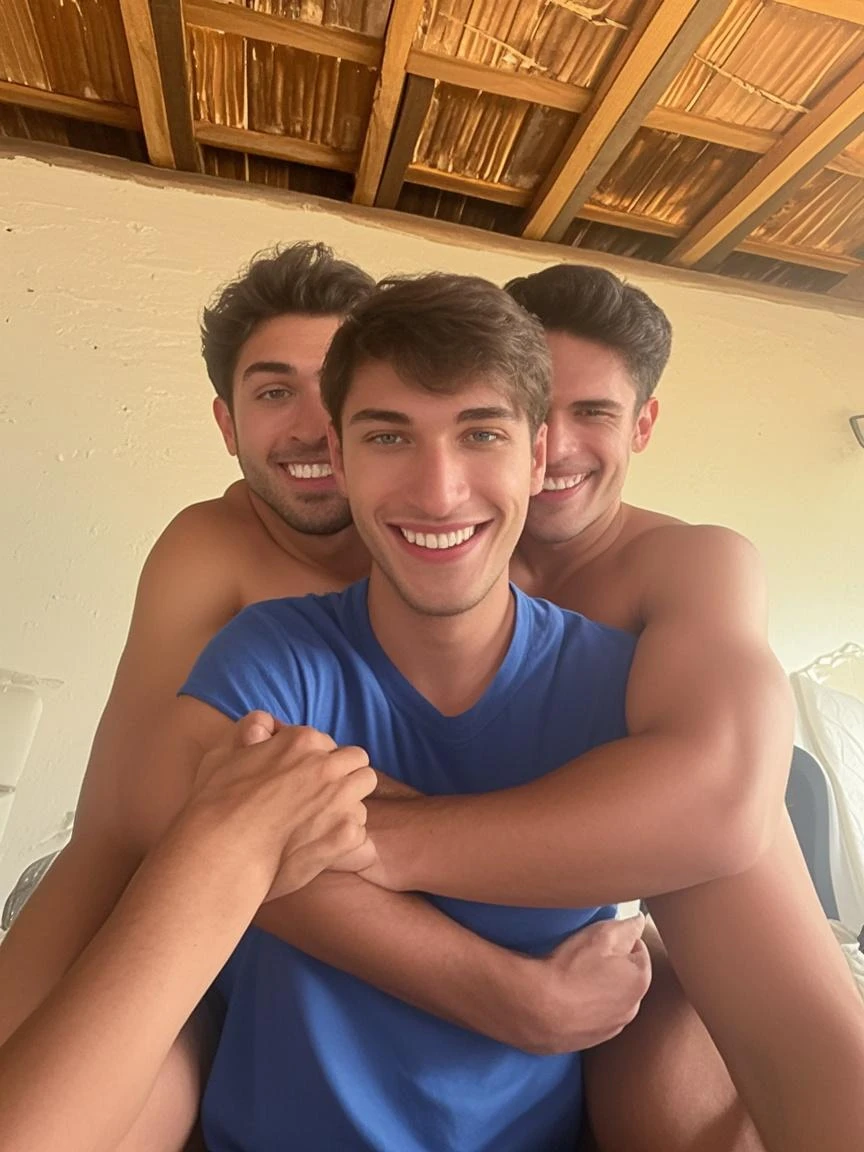 3 young people of 20 years, en boxers apretados, con un bulto muy grande y largo en la entrepierna.