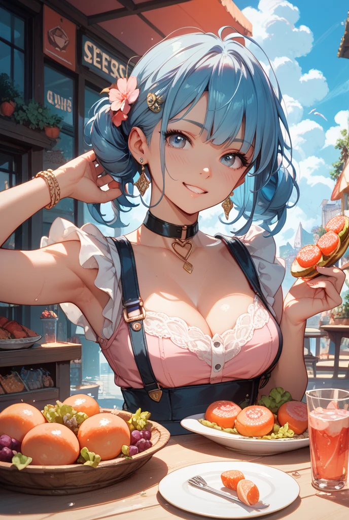 Anime Moe Art Style,Highest quality,High resolution,Anatomically correct,Mid-teens,With her light blue hair in a ponytail,Super detailed,Big Breasts,Shiny skin,Beautiful Skin,A rich expression,Bright smile,Laughing with your mouth open,Stylish restaurant,Having lunch,Sleeveless blouse,flare skirt,necklace,bracelet,hair ornaments,Eyes drawn in detail,8k