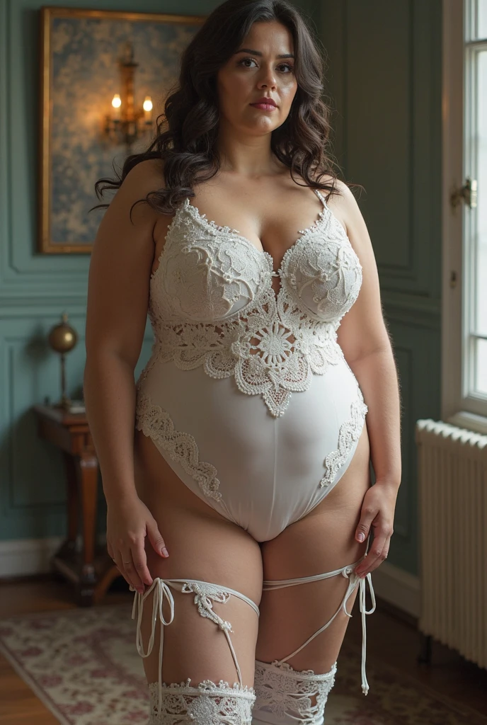 Feminine girl, dark brown hair, white skin, curvy model (hips, buttocks), perfect anatomy (perfect hands and face), photo studio (lace clothes), professional photography, gray background, makeup, lights, close up focus , curvy model, real, skin texture, canon camera focus, RAW photo