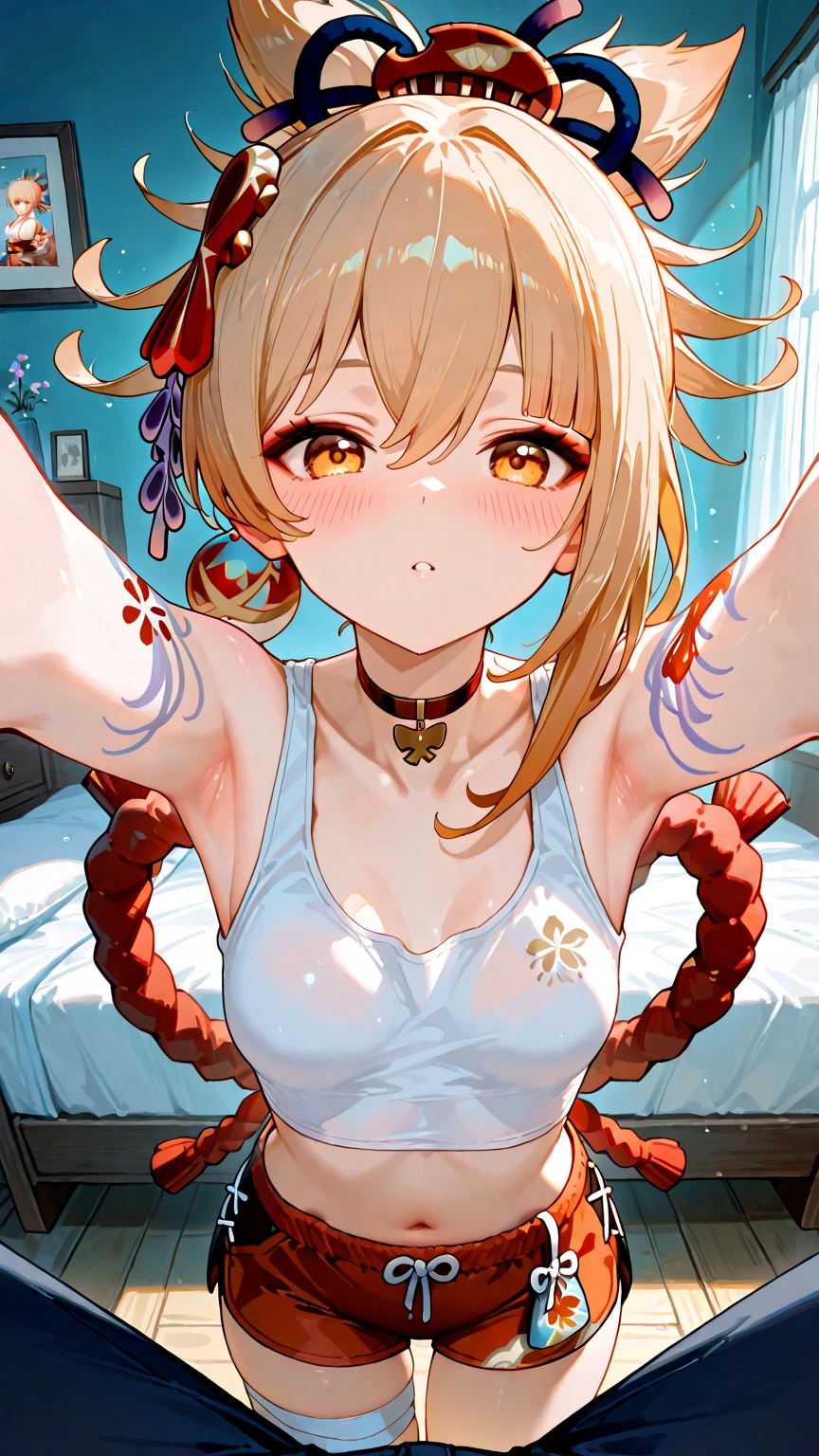 (High resolution symmetrical images), Splatoon Girl、Angle from below, (mechanical, Complex), ((Art Nouveau, Round face, smile, Touching the chest, Ecstasy)), Golden Eyes、Droopy eyes, blush, blonde, Braiding, 