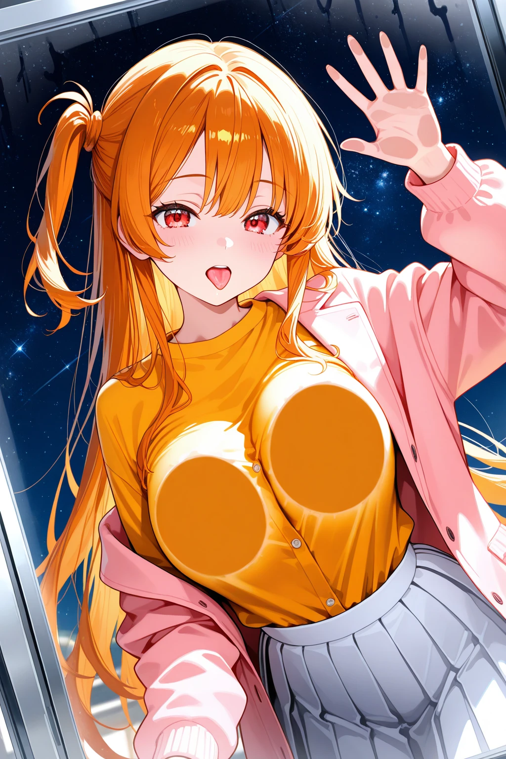 (masterpiece, best quality), ((1girl, (mature female) orange long hair), (star-shaped pupils,  +_+, symbol-shaped pupils, sparkling eyes), (cat ears, open open mouth)), (looking at viewer, light smile, off shoulder), (abstract, multicolored background, abstract background, chromatic aberration),bikini,(big breasts:1.2),cleavage,nighttime,pool side
