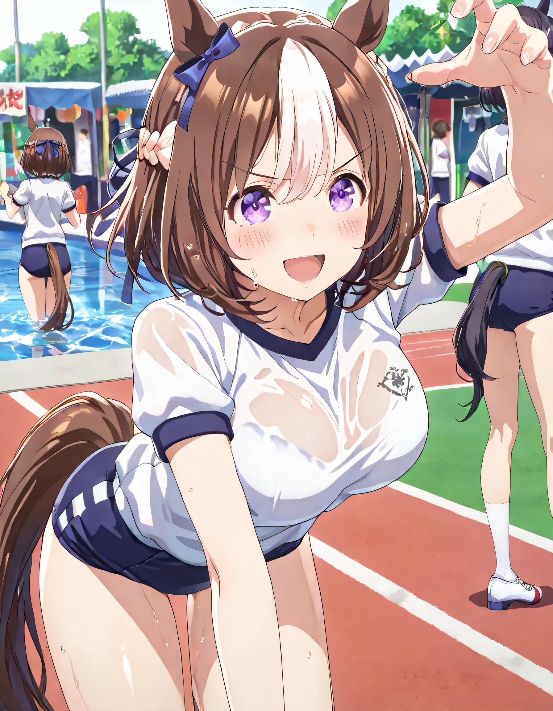 ((ultra-detailed)), (highly detailed CG illustration), (best quality:1.2), ultra-highly detailed, colorful composition, artistic photoshoot, 1girl, solo focus, thigh to top:1.2, cowboy shot:1.2, moe anime character, round face, rounded chin:1.2, short height, UMASW,horse ears,horse tail,purple eyes,hair bow,short hair,crown braid,brown hair,two-tone hair,multicolored hair, ample breasts, white short sleeve gym uniform with Navy blue rim:1.3, navy blue school gym buruma, sweat:1.2, wet clothes:1.2, smile:1.3, blush:1.3, reached arm, Standing at the racetrackl:1.3, from behind:1.4, back shot:1.4, turn around:1.4, bent over, dynamic pose, contrapposto pose:1.3, best quality, expecting, pink cheek, blush, light pink gloss slip, portrait, depth of field, sparkling sunlight, lighting, backlighting, shine, lighting, caustics, ray tracing, perfect face, lustrous skin, highly detailed face, highly detailed eyes, perfect face, perfect nose, perfect hair, perfect eyes, perfect anatomy, beautiful hair, beautiful small face, extremely detailed face, beautiful detailed eyes, beautiful clavicle, beautiful body, beautiful ample breasts, leavage, breasts squeezed together, equalize the size of the left and right breasts, beautiful thin thighs, beautiful legs, beautiful fingers, (4 fingers), 1 thumb, lovely, (very detailed background:1.0), (highly detailed background:1.0), summer aesthetic, intricate details, festival atmosphere, summer colors palette, chromatic aberration