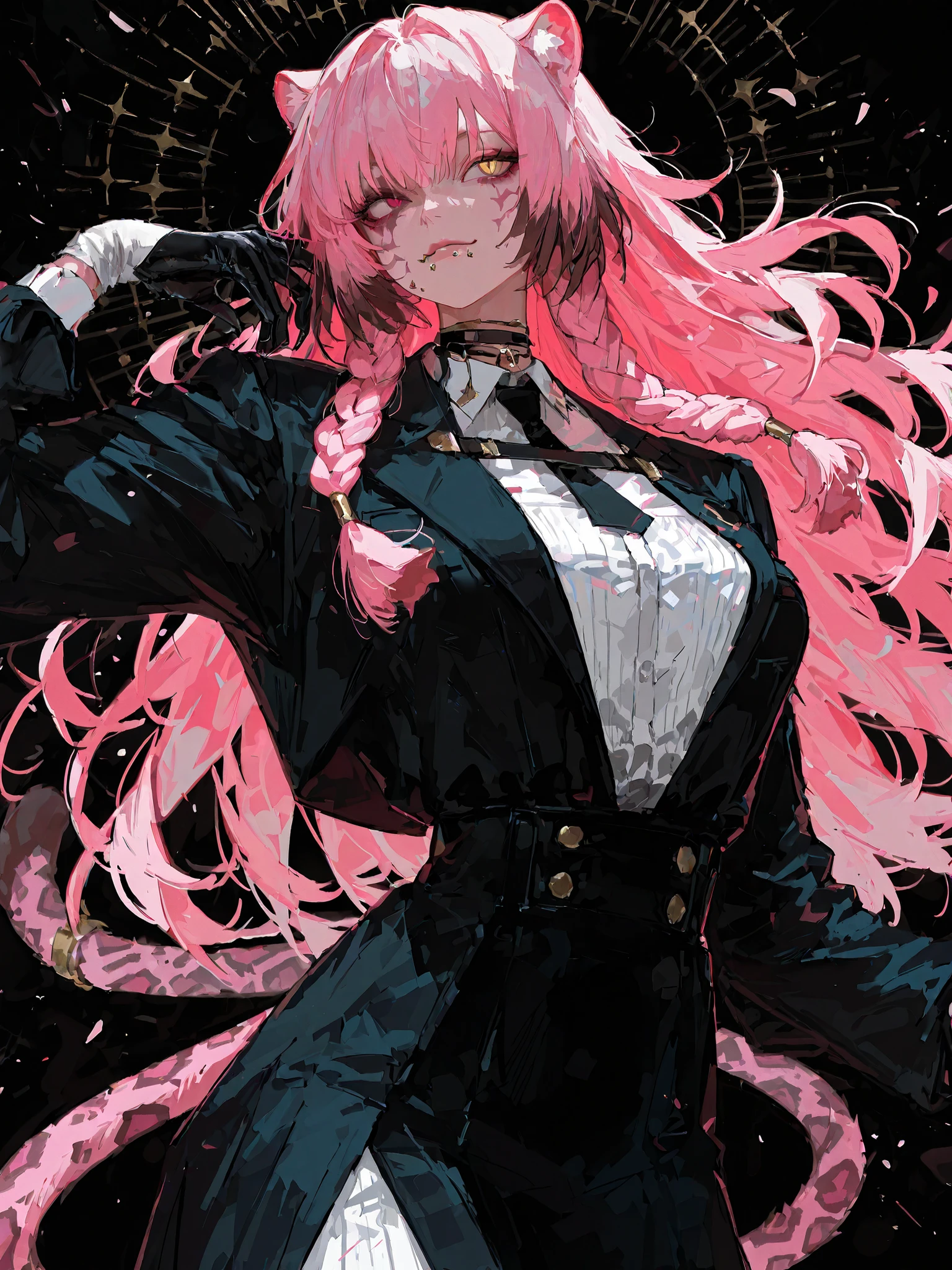 Furry Description of the Female Female Character. Race: Exotic Felina (stylized panther or leopard), with elegant and expressive features. It can be a Pink Panthera — a fictitious subspecies of tropical felines with vibrant fur. Pelagem: Uniform dark brown with satin sheen. Expressive smooth body texture, but with deep pink hair: A version with curly and dense mane, bem volumosa. Another with dreadlocks or feline braids, attached to the top of the head with loose locks. Olhos: Puxados, neon pink, with vertical feline pupils. Around the Eyes. Focinho e Nariz: Pequeno, arredondado, com piercing no septo. Highlighted feline lips, wide and smiling. Orelhas: Grandes, felinas, in light pink with dark tips — mobile and expressive. Roupas: Black top in the shape of feline paws surrounding the bust, tied by neck straps. Saia justa preta, adapted to the hairy body and the long feline tail and agile. Body expression: Confiante, provocante, risonha. A charismatic and charming feline that dominates any environment with an attitude.