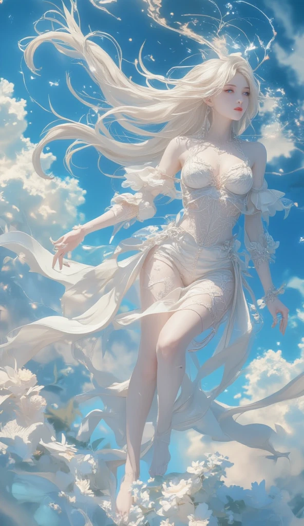 Best quality,Floral hair ornament, 1 girl, beautiful smiley face, smile on face, goddess, big , ((muscular sexy:1.2)), accentuated breasts, perfect breasts, cleavage, light blue eyes, Hair fluttering in the wind, smile,large ,Open chest, white dress, white miniskirt, beauty legs, walking in Uyuni Salt Flat, island Background, Bolivia,a large body of water with a sky in the background, at salar de uyuni, pink reflections, light white clouds, white clouds, dramatic white clouds, at the salar de uyuni, white storm clouds, clouds in the sky, prismatic cumulus clouds, stunning light reflections, award winning landscape photo, white cloudy background, white landscape