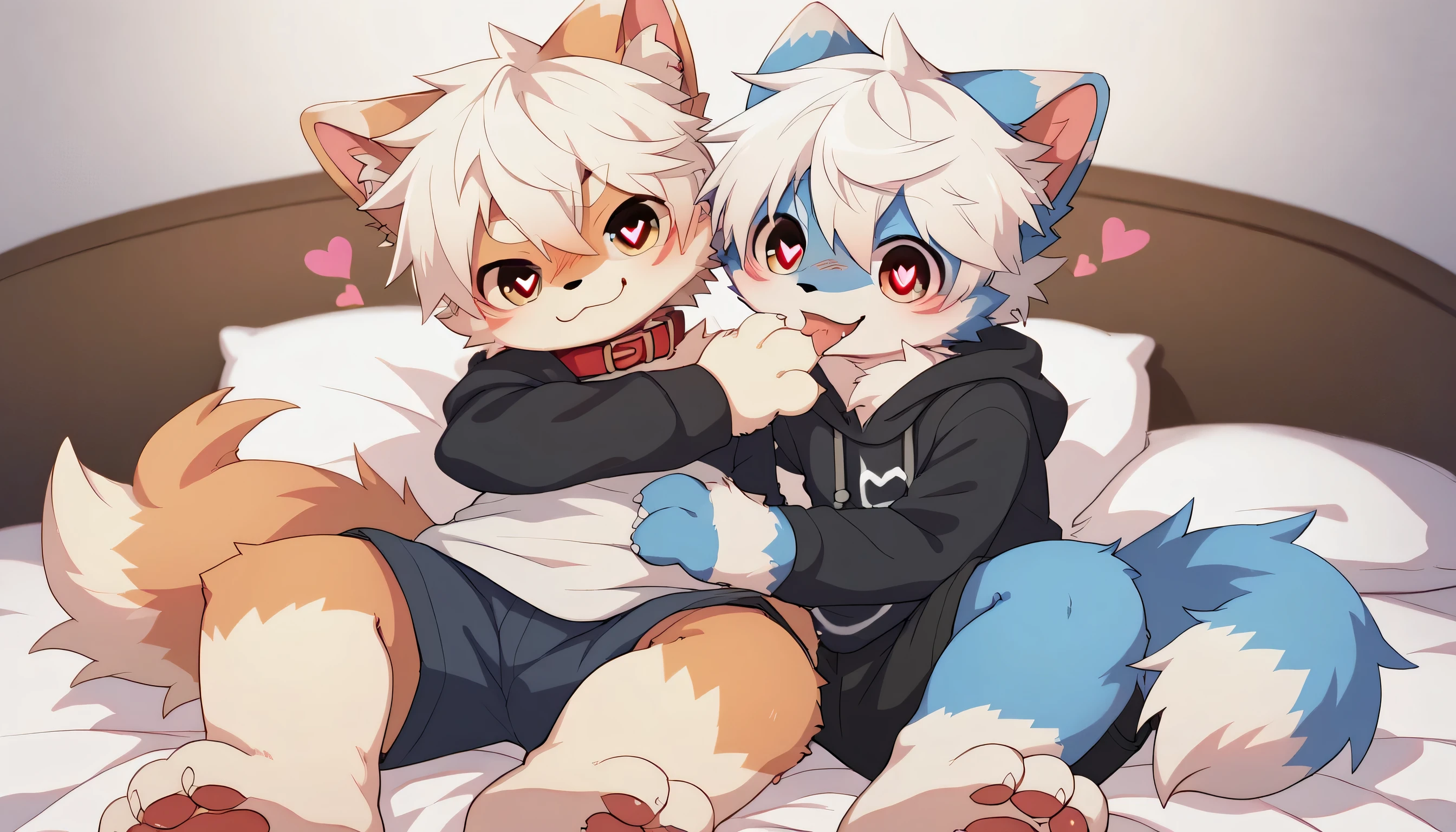   Very Detailedな,Very Detailed,White hair,濃いblue fur ,, male,blue fur, EXCITING,Participation,cute face,,あなたの脚Show me ,,Horny  maleの子,dog tail,,red collar on the floor,Cute ears,Licking hands, grooming,fluffy ears,hoodie,shorts,brother and brother.fluffy ears,Show me,私に猫の手Show me,red collar on the floorと紐を持っている,Two horses,brother,hugging(sitting on bed)cute fur ,Heart Eyes,Horny, male,Black Back,white background, 