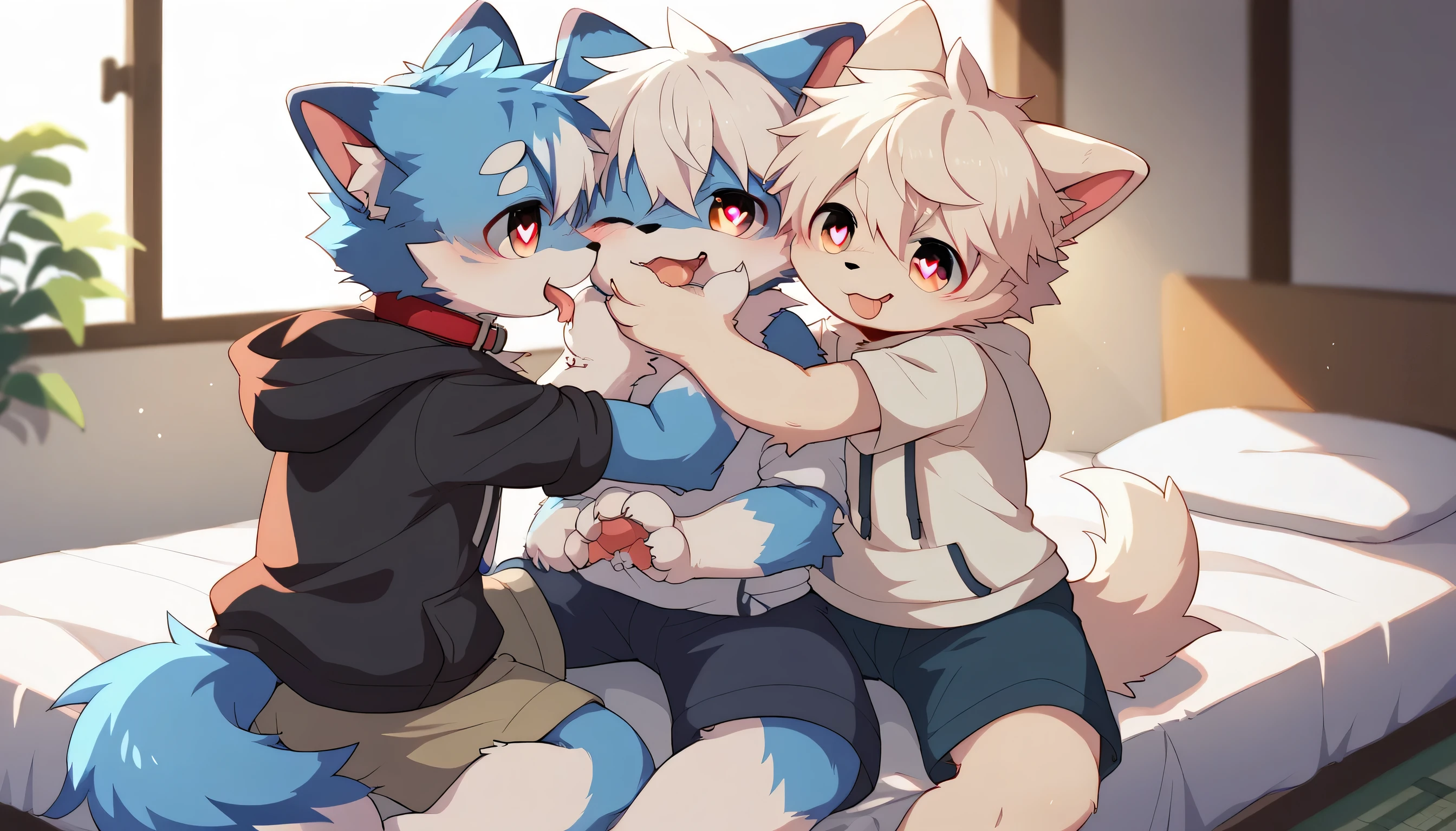  Very Detailedな,Very Detailed,White hair,濃いblue fur ,, male,blue fur, EXCITING,Participation,cute face,,あなたの脚Show me ,,Horny  maleの子,dog tail,,red collar on the floor,Cute ears,Licking hands, grooming,fluffy ears,hoodie,shorts,brother and brother.fluffy ears,Show me,私に猫の手Show me,red collar on the floorと紐を持っている,Two horses,brother,hugging(sitting on bed)cute fur ,Heart Eyes,Horny, male,Black Back,white background, 