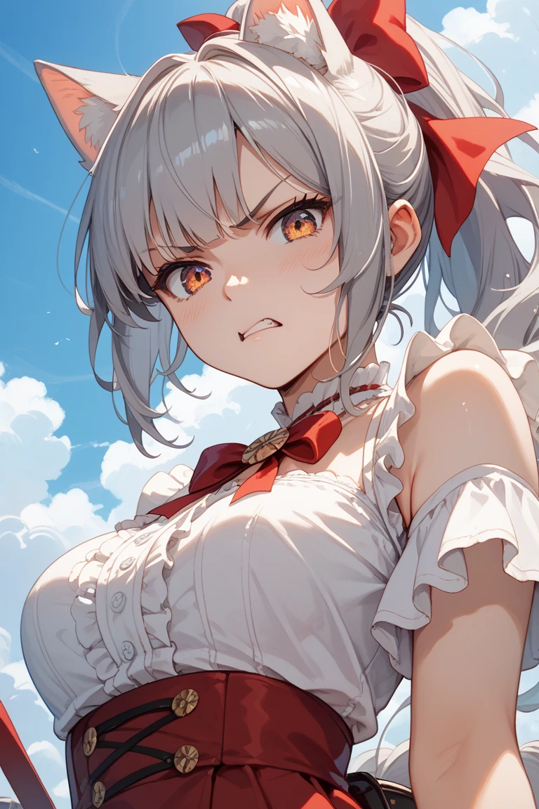 ((((Obra maestra, La mejor calidad, ultrahigh resolution)))), 1girl, standing, (cute maid costume), ((long pure silver hair and grey mesh hair, hair over eye)), long hair cut, pale skin, ((red eyes)), glowing_eyes, neon eyes, (ultra detailed eyes:0.7, beautiful and detailed face, detailed eyes:0.9), ((centered)), smile, ((wide shot)), facing viewer, ((vibrant background, bright lighting, summer, sunlight)), flat chested, looking at viewer, ((half closed eyes)), ((perfect hands)), (((head:1, arms, hips in view, elbows, arms, legs, in view))), ((hands behind back)), empty eyes, beautiful lighting, ((outside, outdoors)), defined subject, head tilt, (((gritty)), ((creepy)), ((cool)), ((beautiful)), (((SFW)))