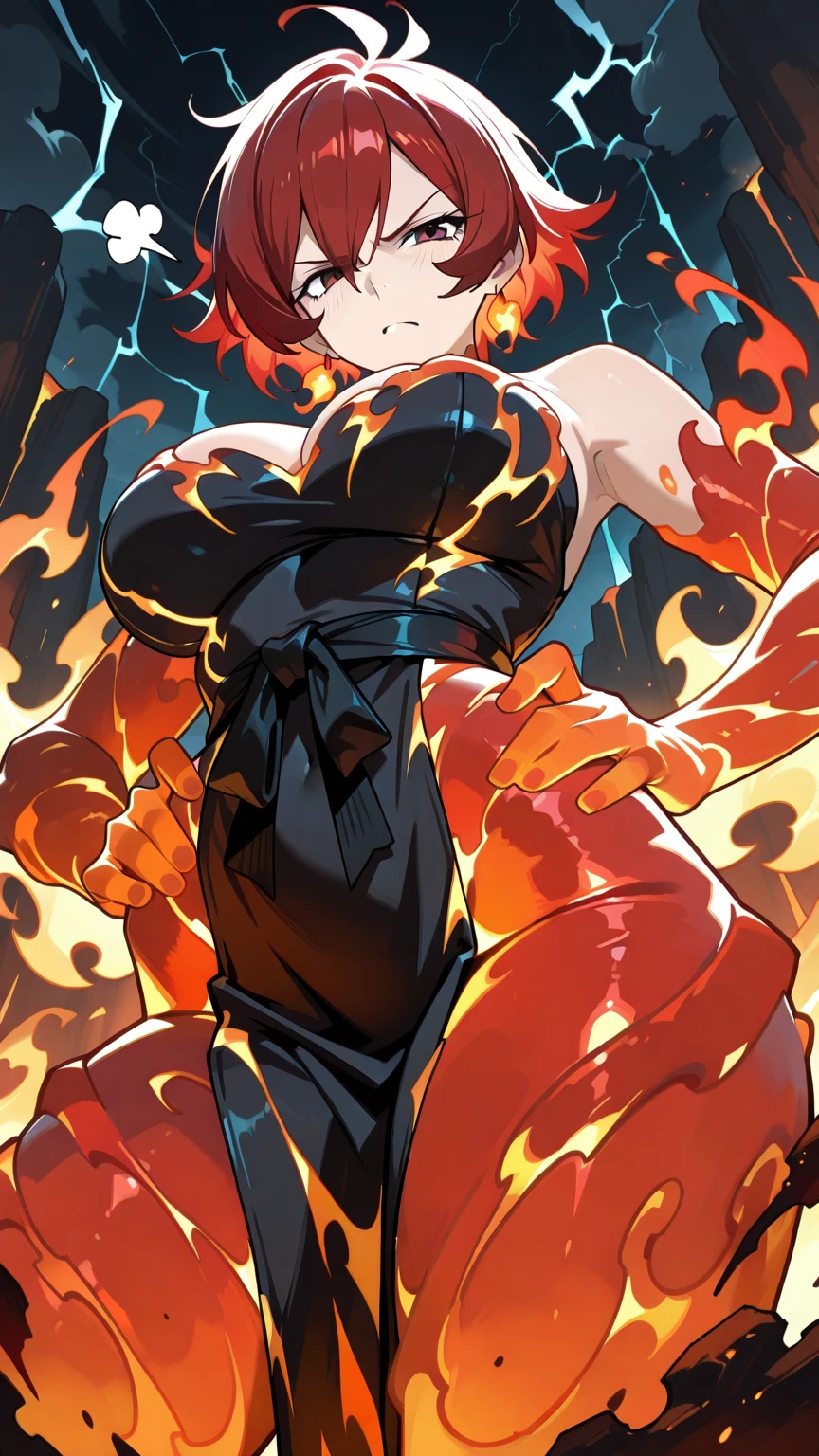 On a volcanic island, seen from a village path, the Giantess Goddess with fiery orange skin and lava-red eyes strides through in a gown of molten lava. Her touch incinerates everything it meets, and she relishes the agony of her victims as they are pressed against her scorching body.